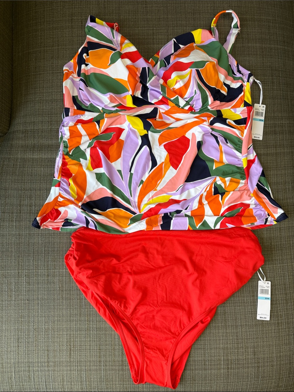 NWT Anne Cole Multi-Color Leaf Print Tankini Top with Red Bikini Bottoms Sz 20